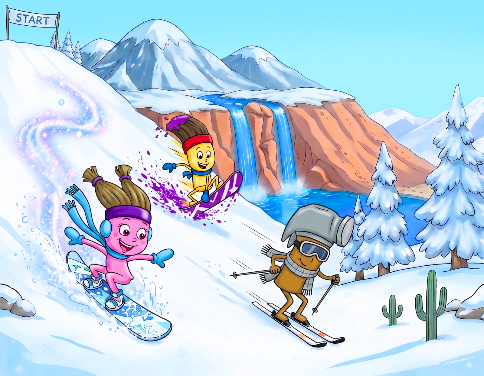 Paz, Roxie and Hector ski and snowboard racing