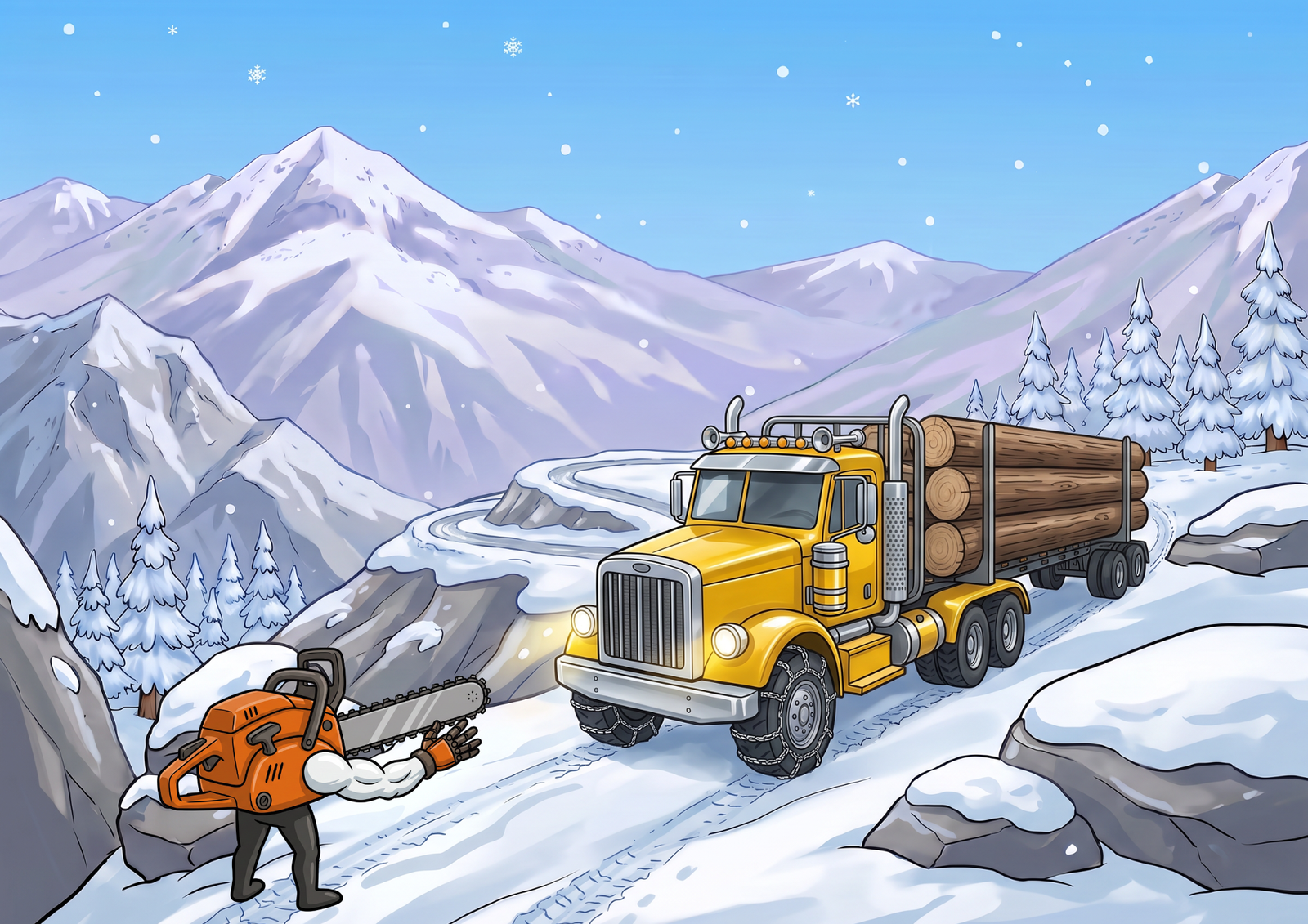 Charlie and his truck in the snowy mountains