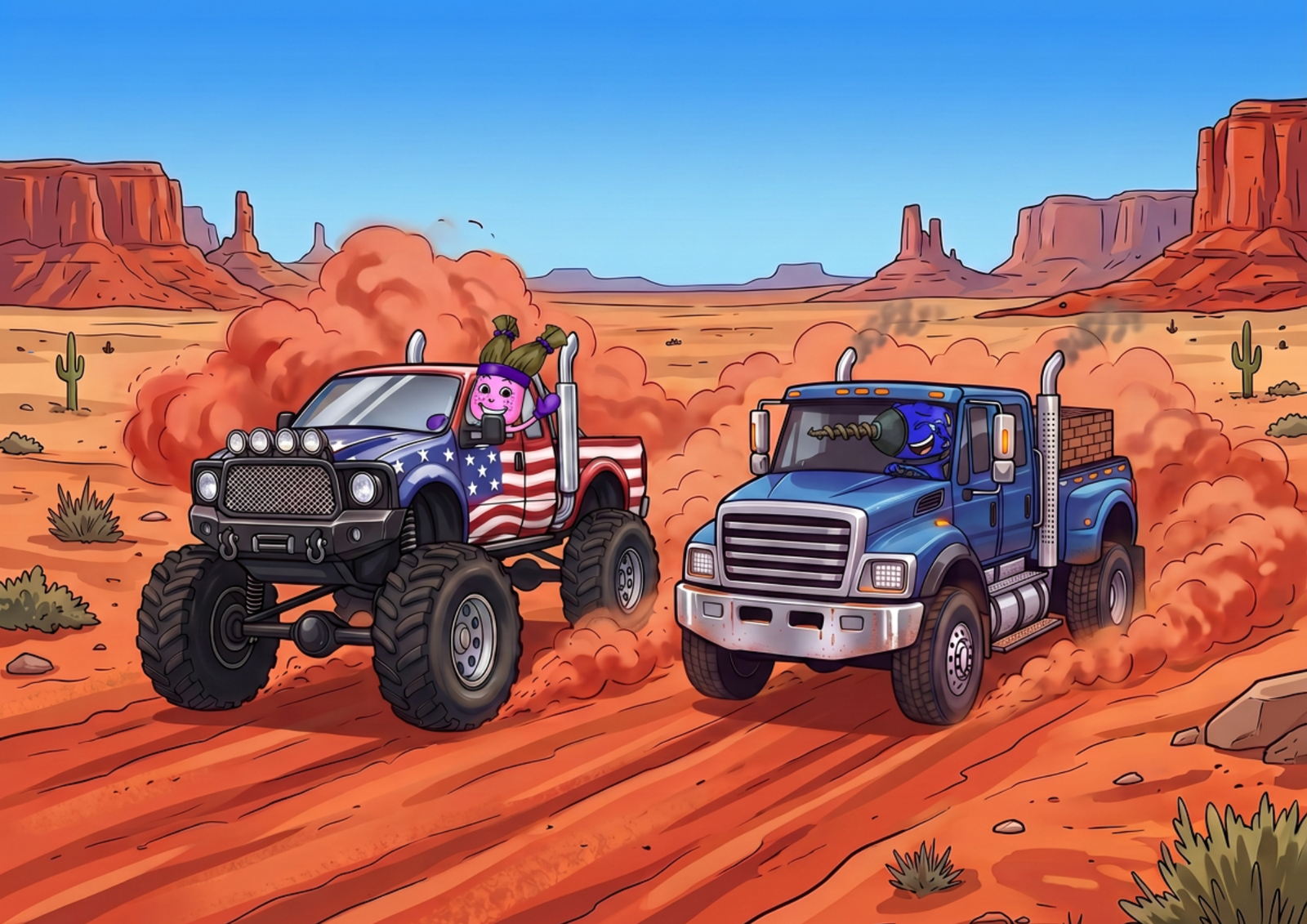 Roxie and Diesel racing across the desert