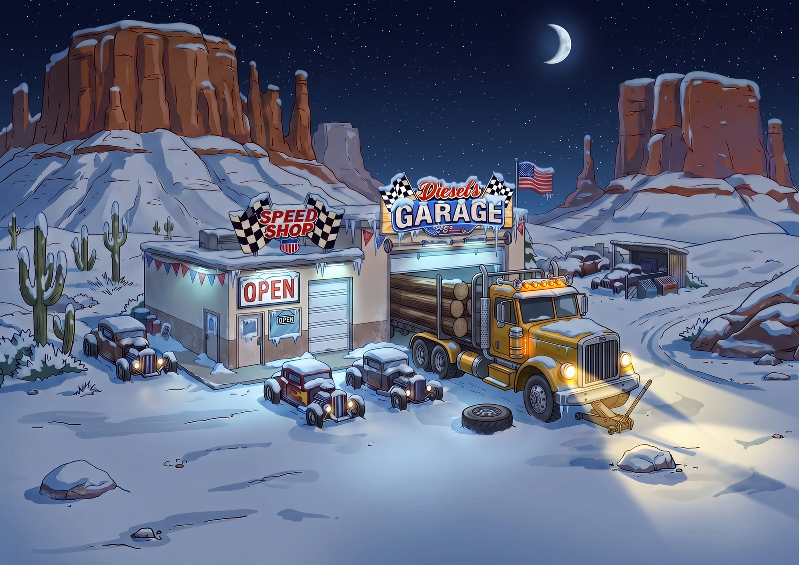 Diesel's Garage at night