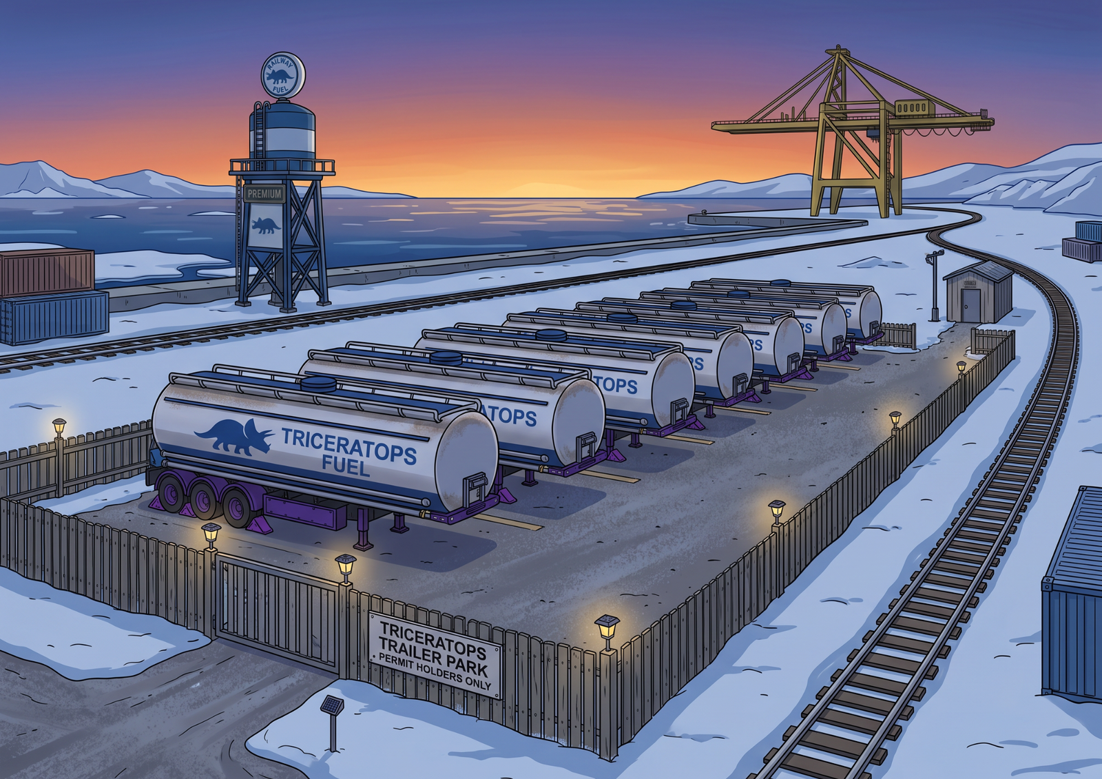 Tanker trailers at the docks in the evening