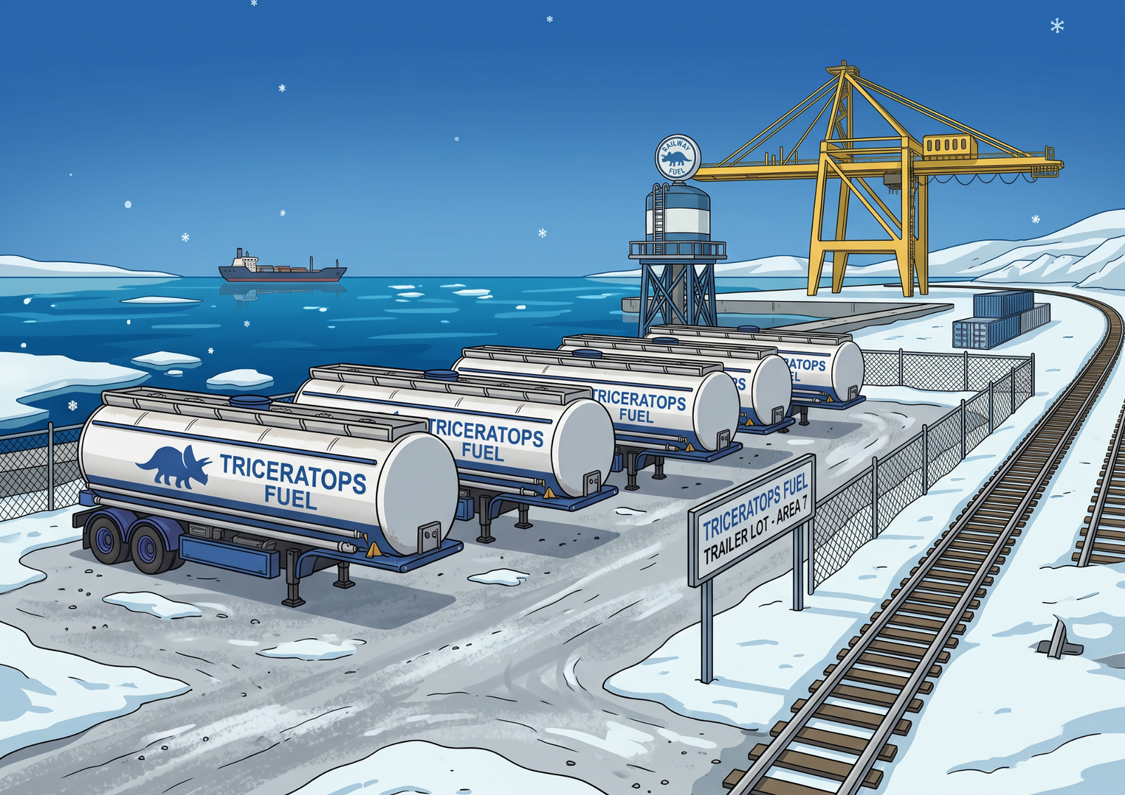 Tanker trailers at the docks in the snow