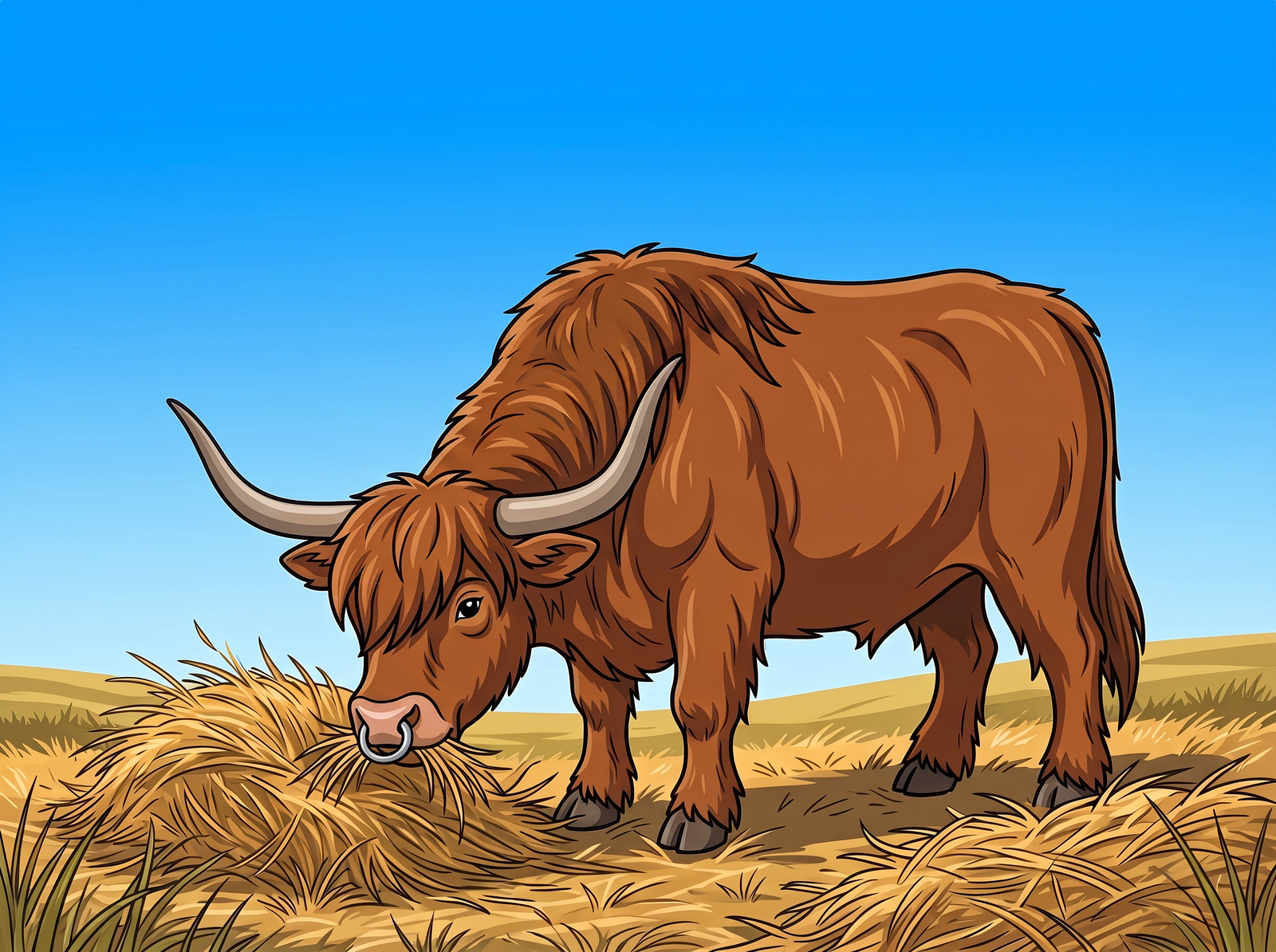The farm bull grazing