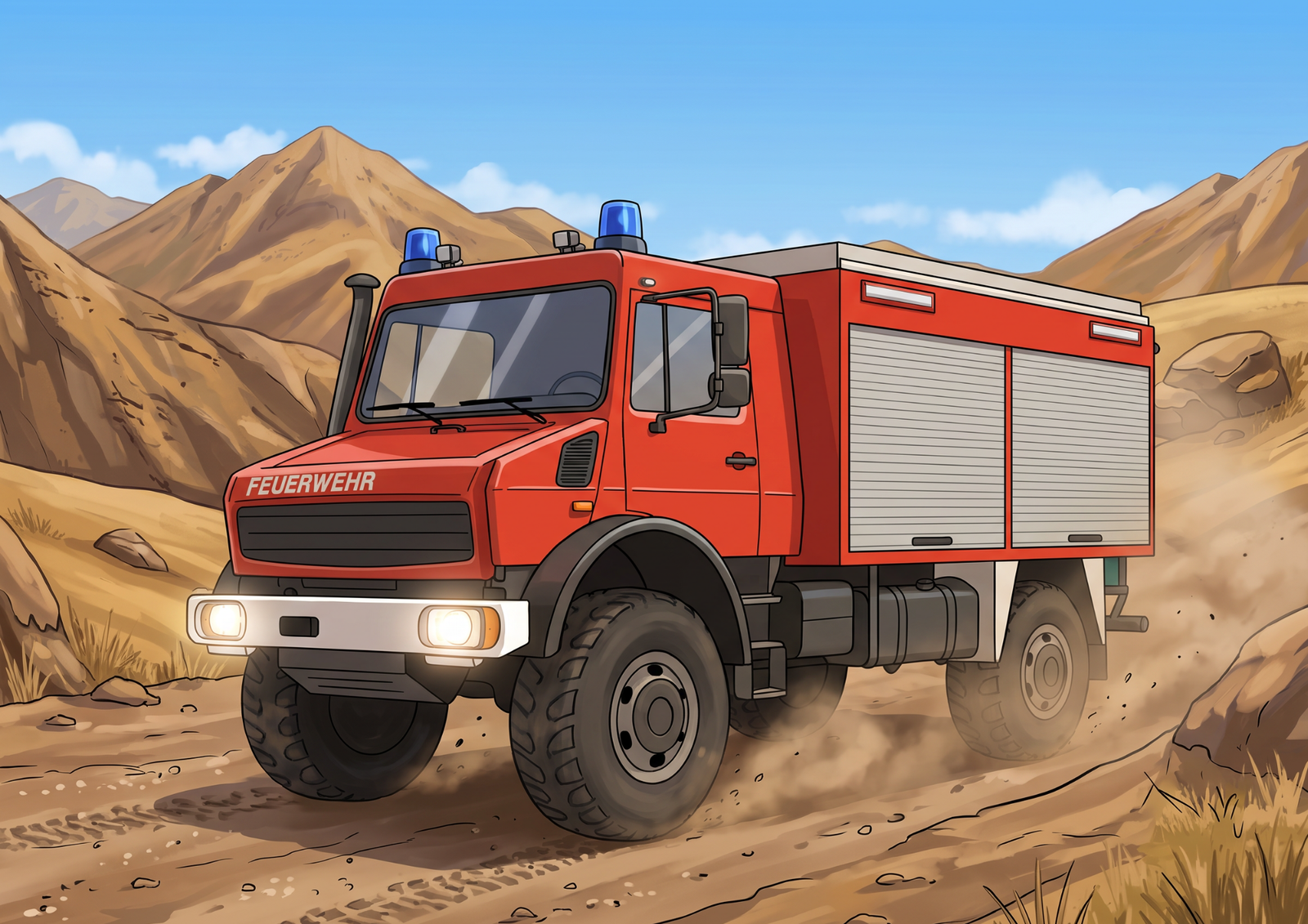 The Fire Truck racing down a dirt road