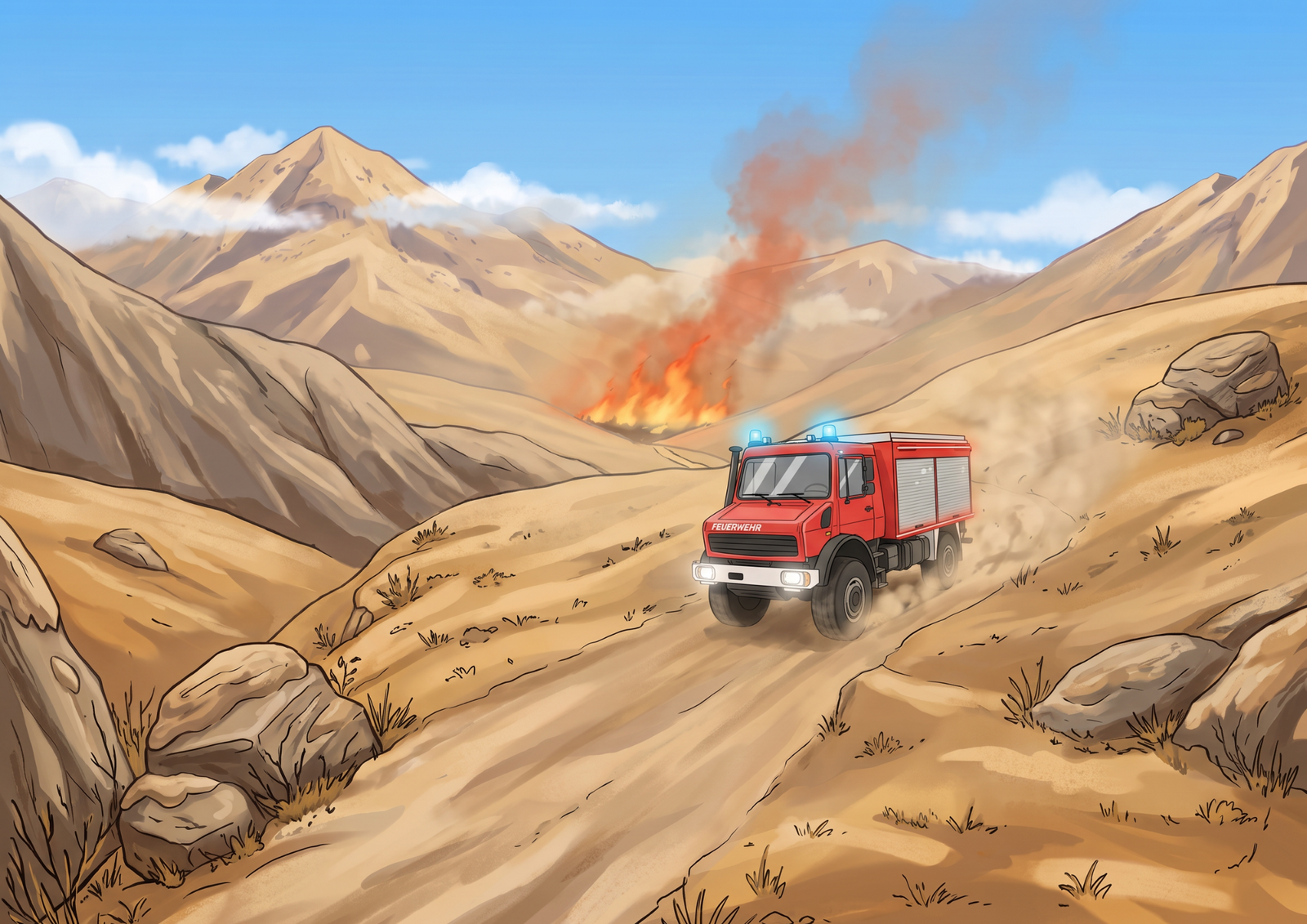 The Fire Truck racing toward a fire in the mountains