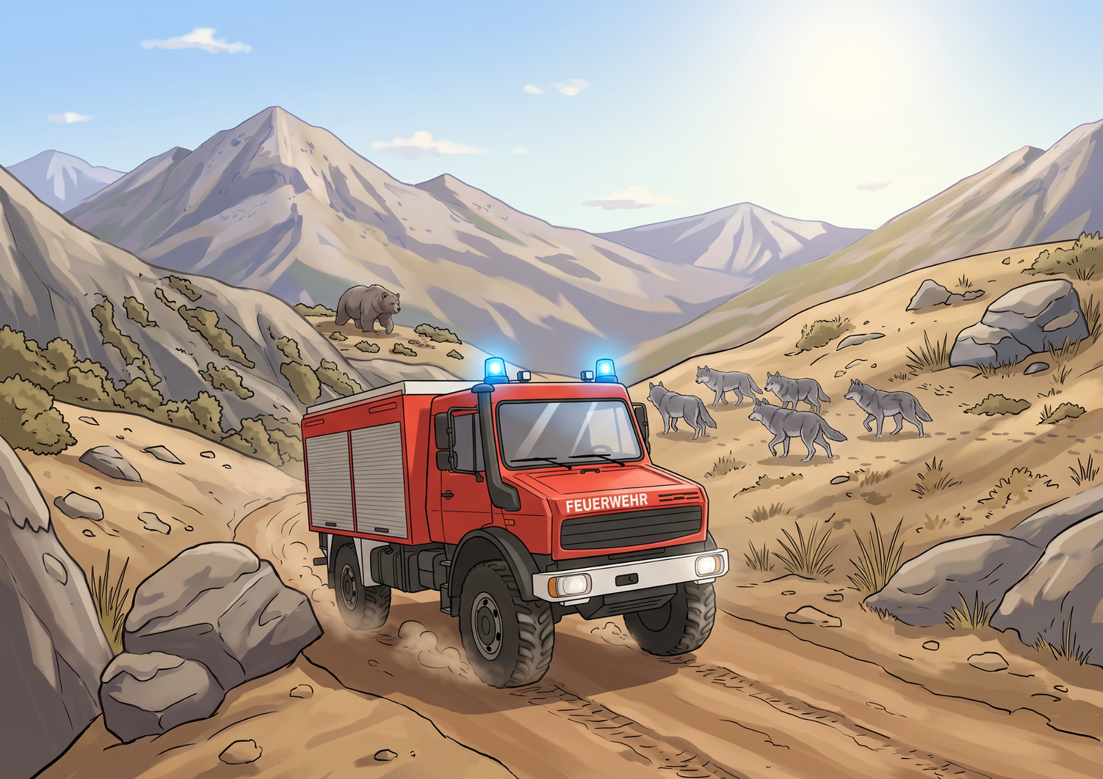 The Fire Truck on a rocky mountain road