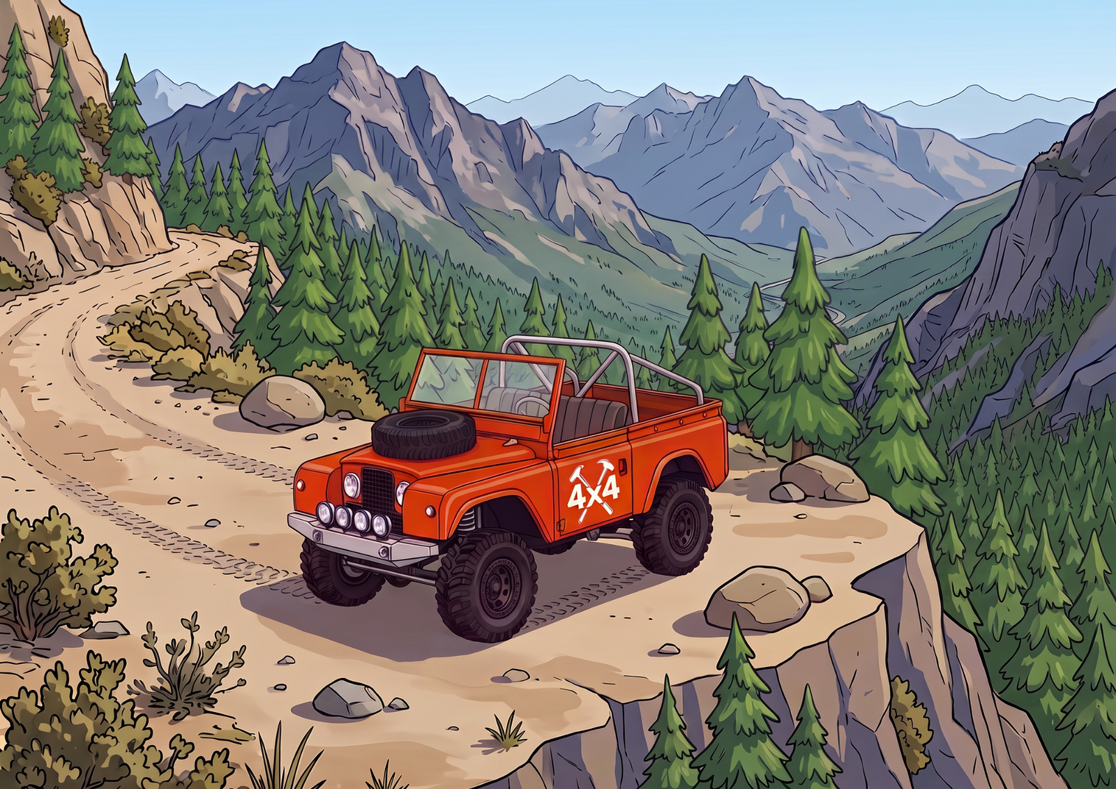 Hector's Off-Roader at the edge of a cliff road