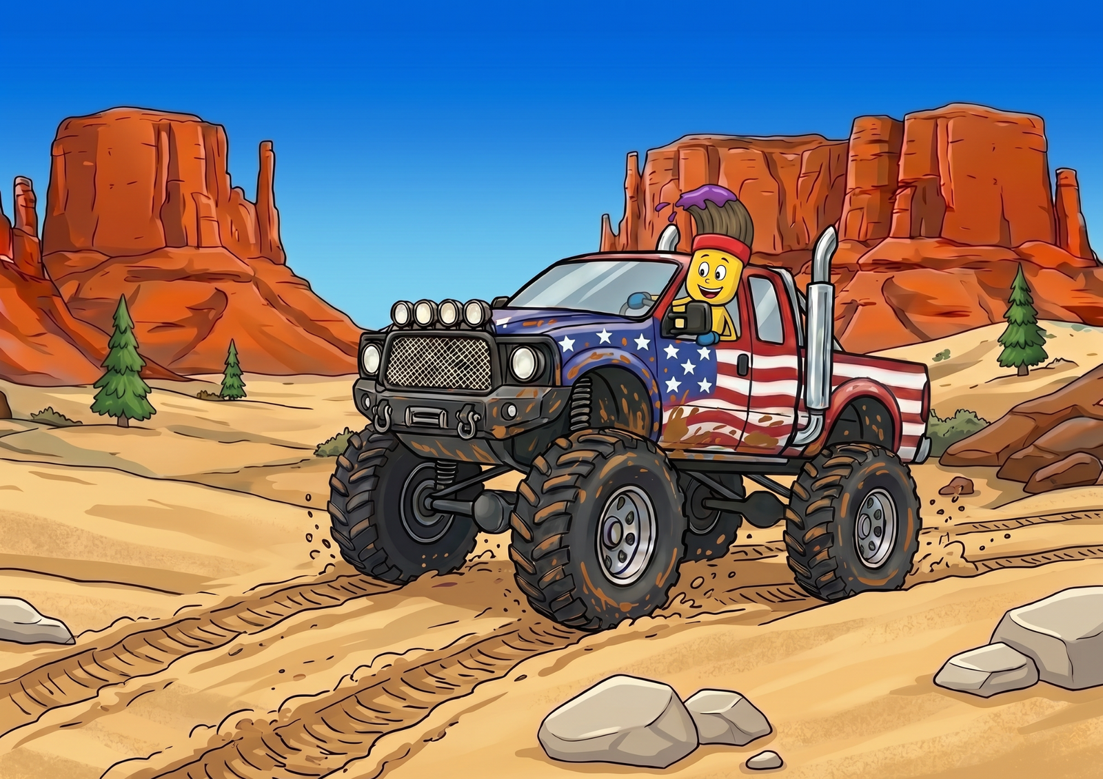 Paz driving the Monster Truck across the desert