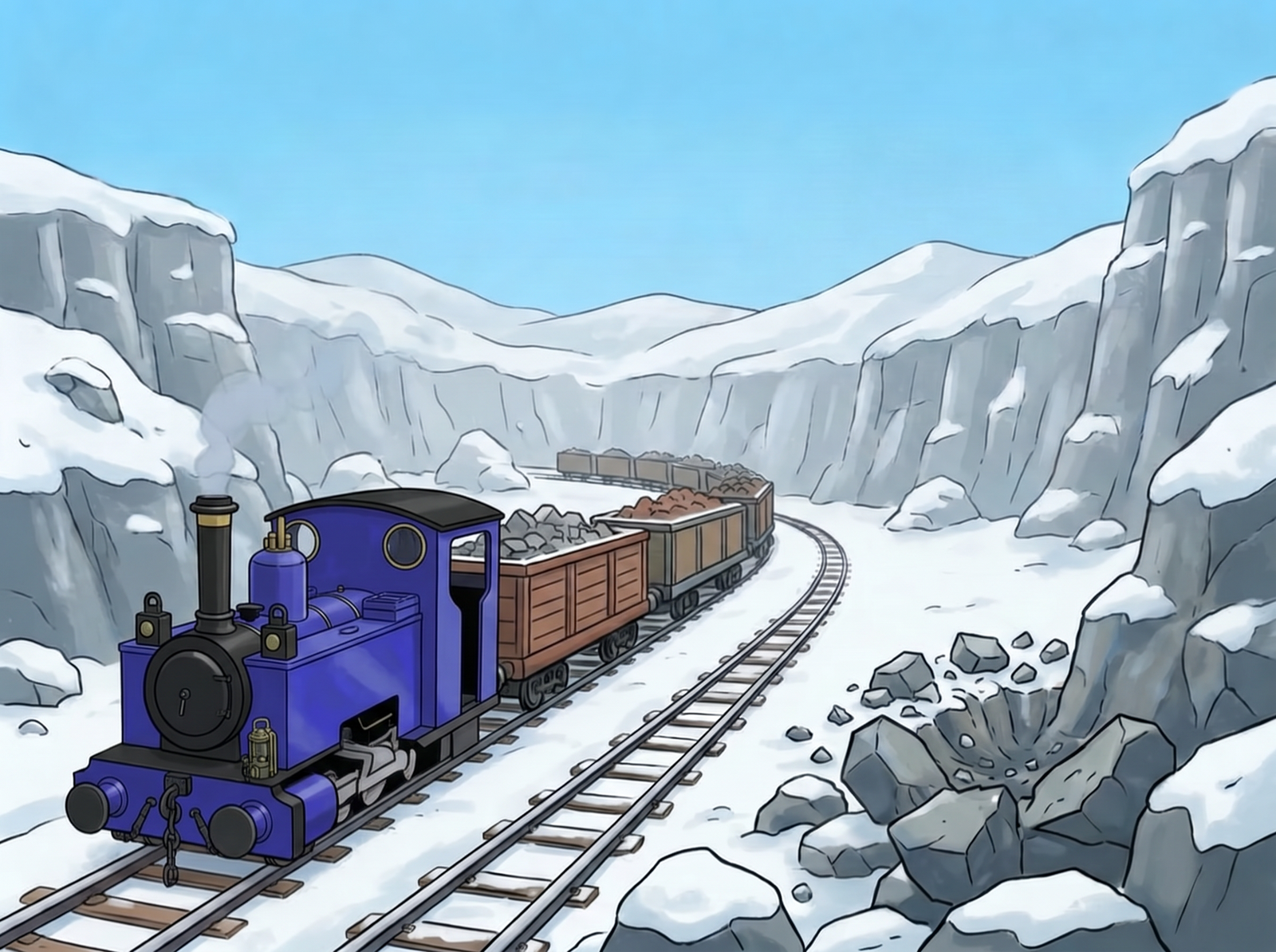 Patrick's train in the snowy quarry canyon