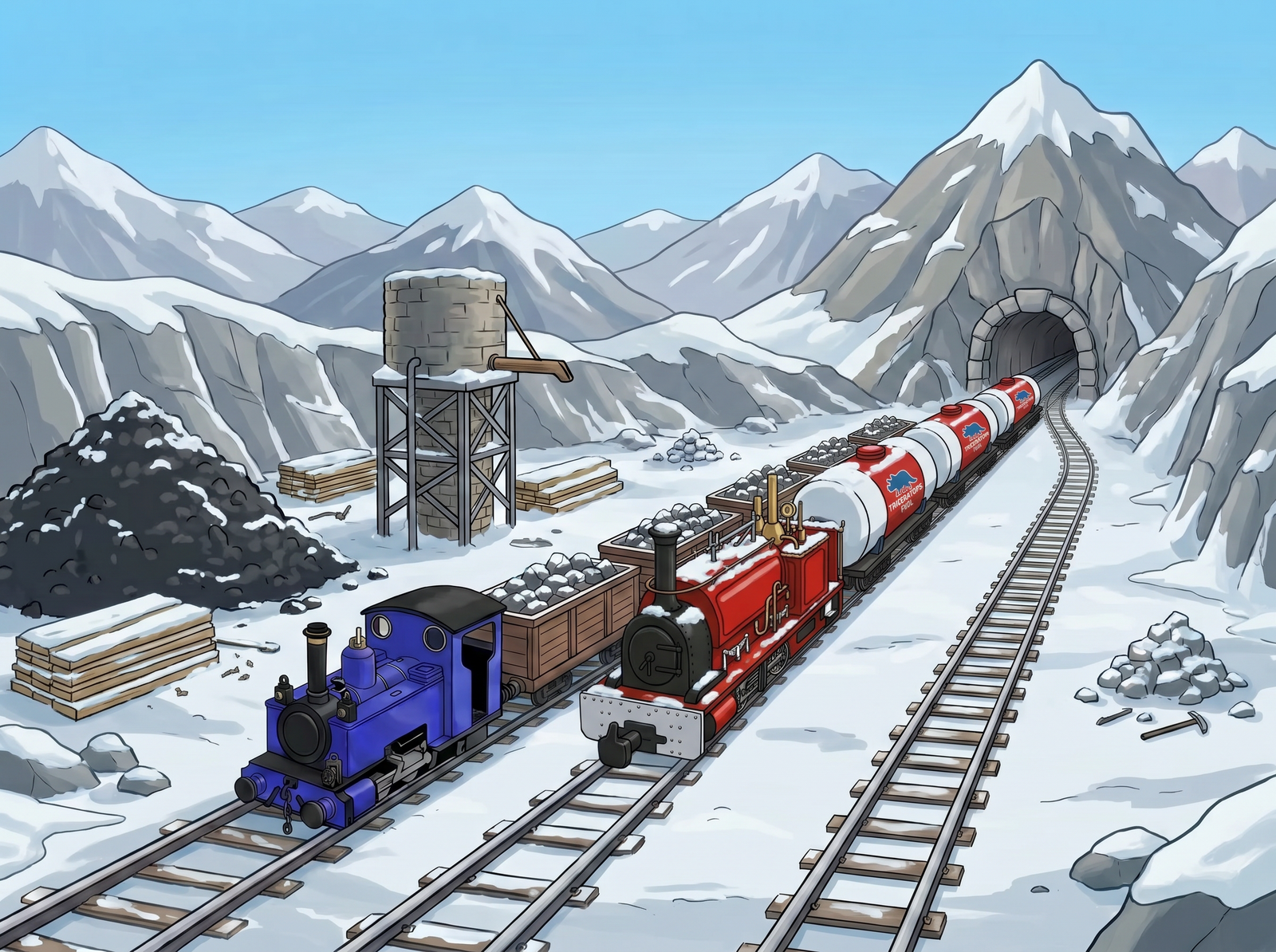 A second train pulling specialised red fuel tankers