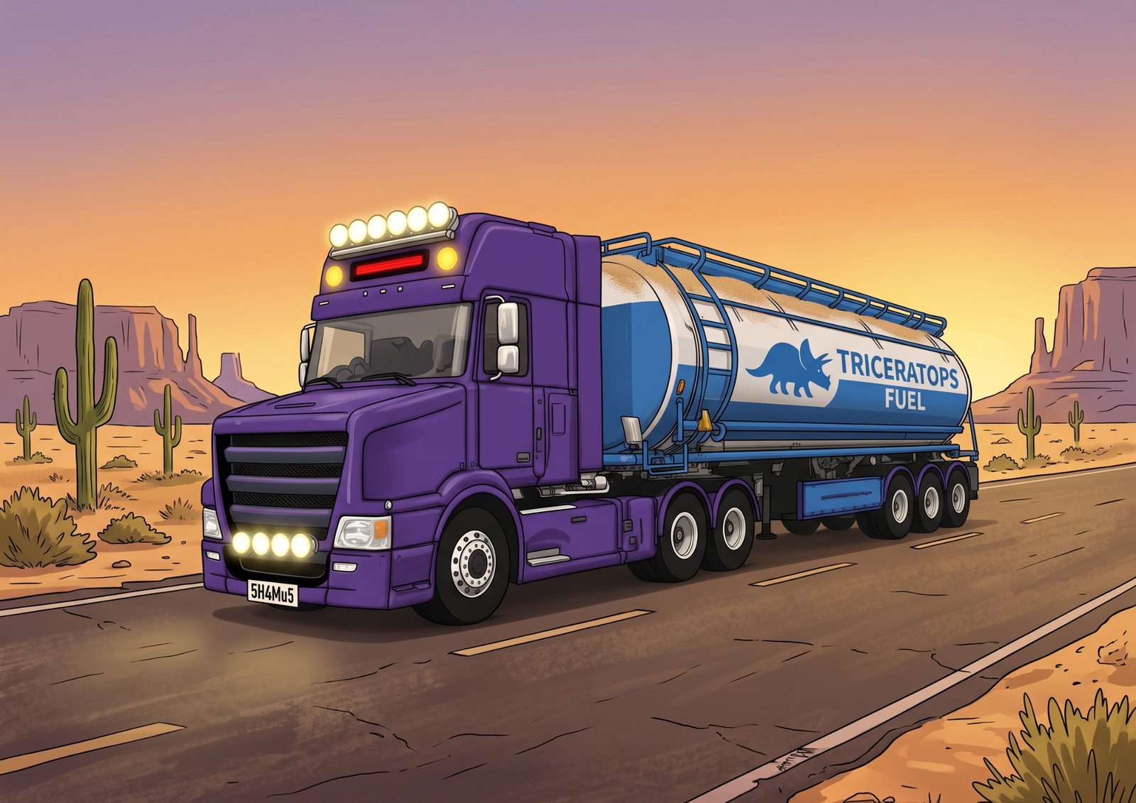 The Purple Rig on the desert highway at sunset