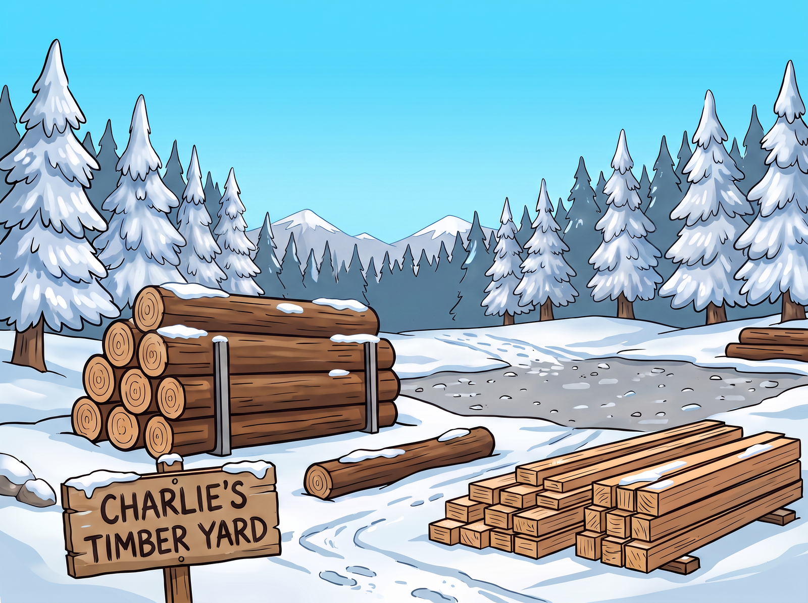 Charlie's Timber Yard in the winter snow